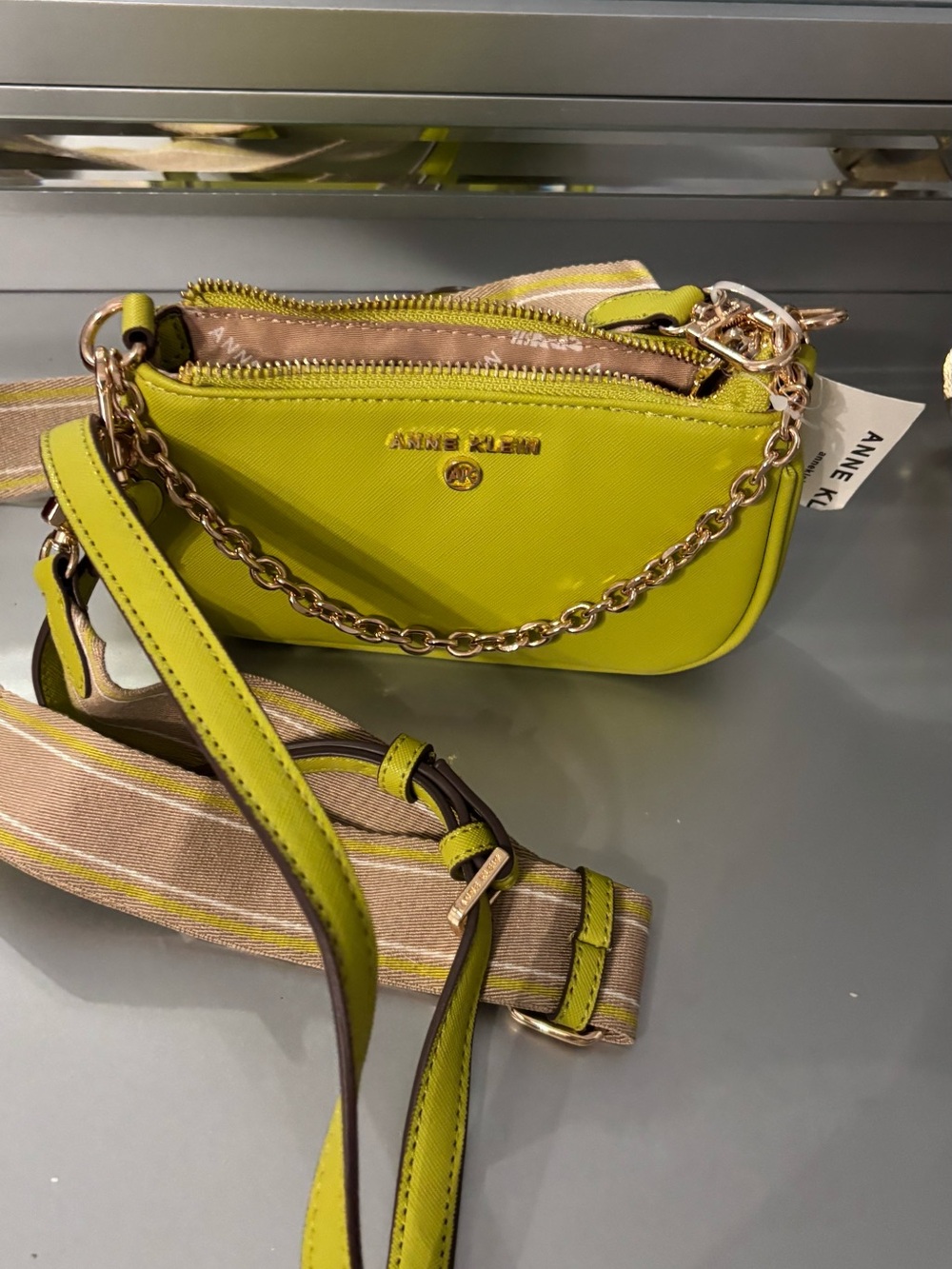 Anne Klein Neon Lime Crossbody with Gold Chain